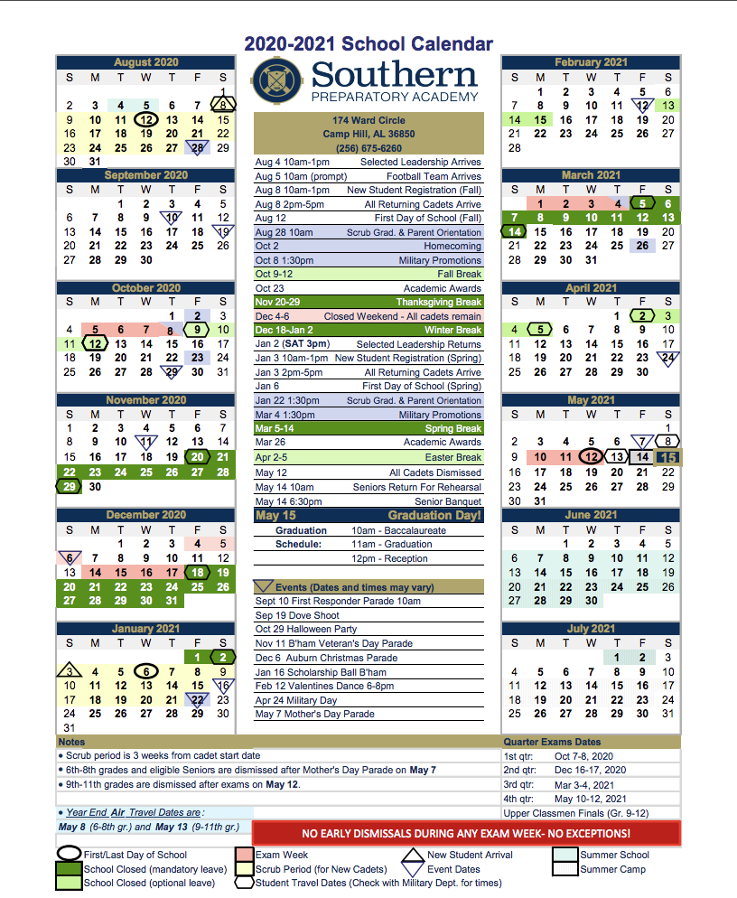 Academic Calendar Southern Preparatory Academy